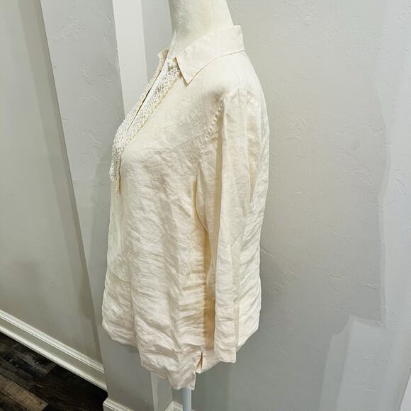 Tommy Bahama 100% Linen Tunic Embroidered Top Womens S Cream 3/4 Sleeve V Neck - Picture 3 of 5